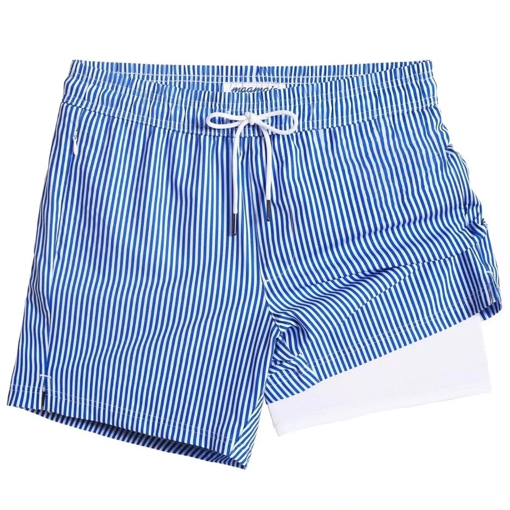 NWT Maamgic Men's Swim Trunks Compression Medium Blue Striped Zip Pockets Beach